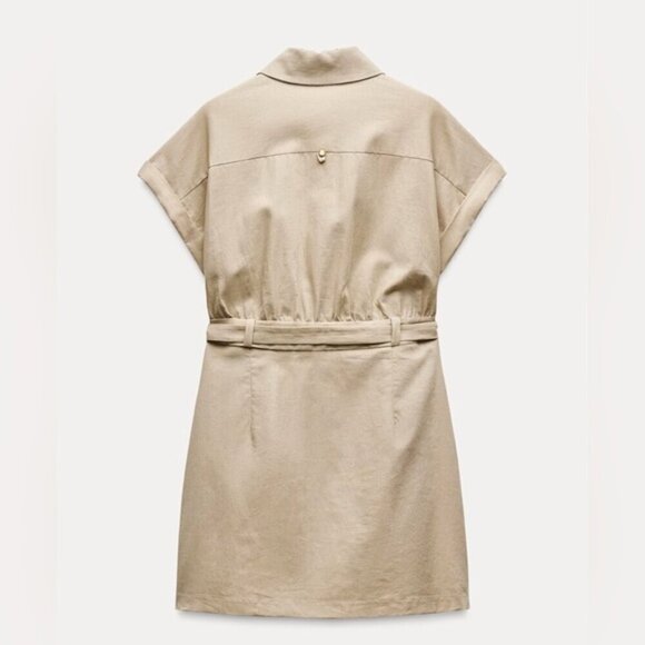 Zara - Women's Linen Blend Mini Shirt Dress - Light Beige. Size: XL. NWT. (1718) - Picture 11 of 16